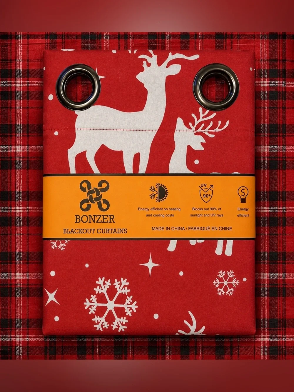 Bonzer Blackout Curtains Red and White with a Snowflake and Deer Design